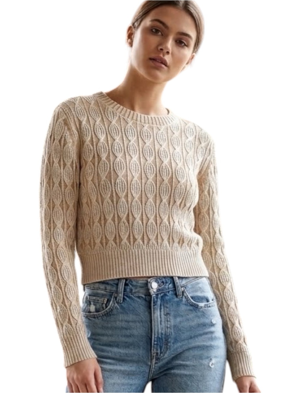 DKNY Jeans 100% Cotton Cropped Cable Knit Sweater Size Large